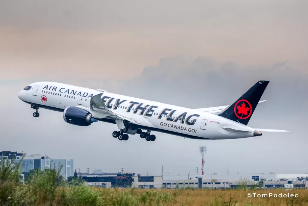 Air Canada plane with the "Fly the Flag" livery